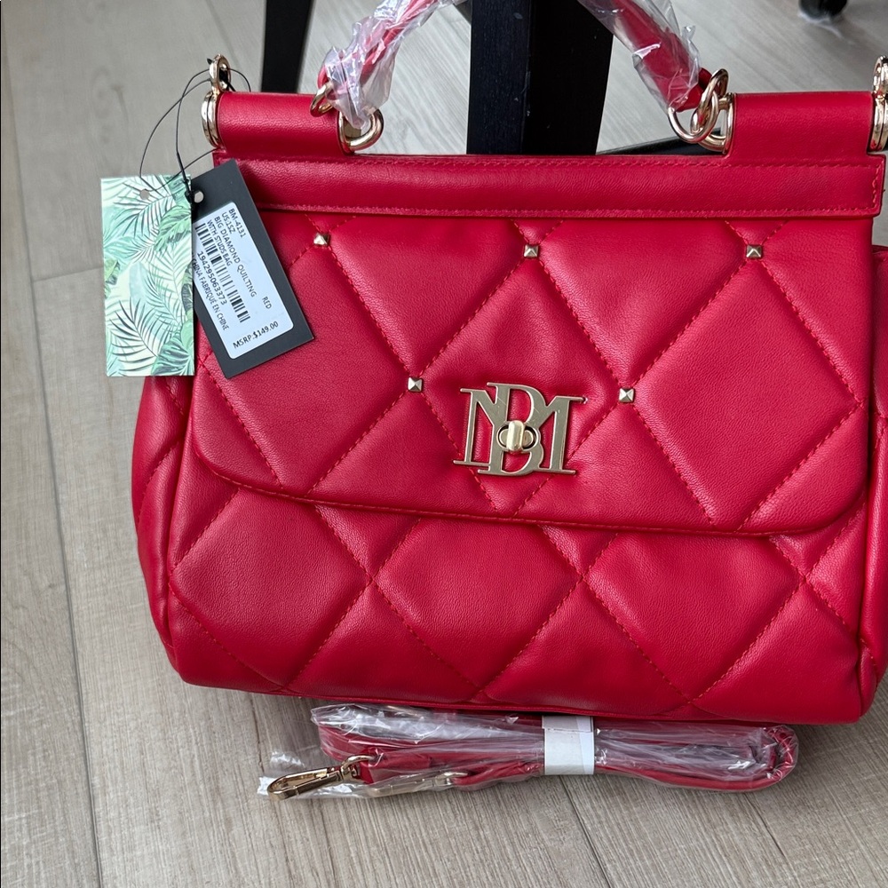 Badgley Mischka Red Quilted. Satchel/  Handbag with strap included